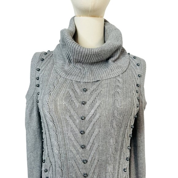 NWOT Bellini Gray L Cold Shoulder Knit Tunic Sweater Dress Turtleneck - Picture 12 of 15